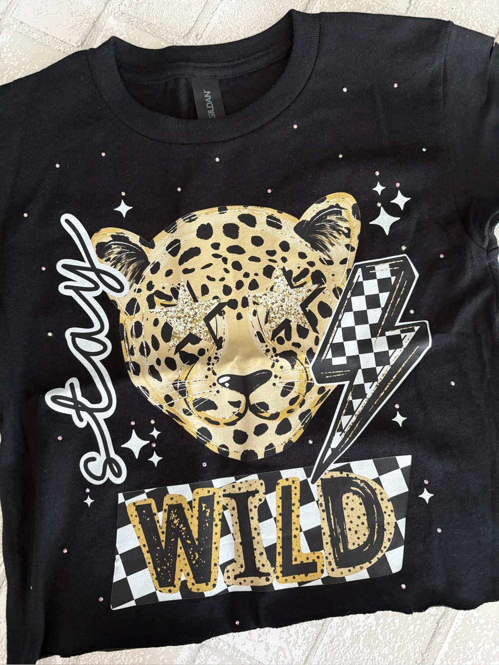 Gildan Black Tee with  Leopard 'WILD' Graphic cropped cut up 4T